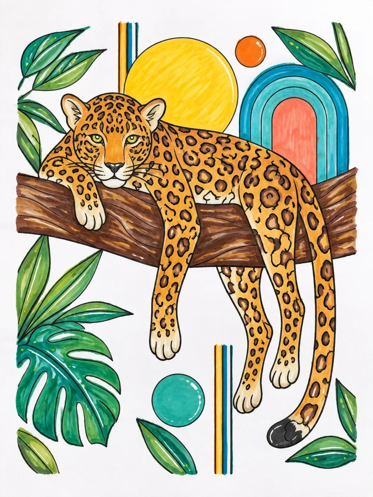 Colored example of the Leopard Resting On A Branch coloring page