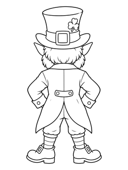 A leprechaun coloring page showing a back view with a buckled hat, coat tails, and striped socks.
