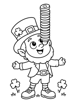 A cheerful leprechaun coloring page showing him balancing a tall stack of gold coins on his nose.