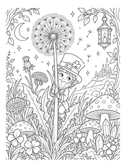 Tiny sprite hides by a fluffy flower on this leprechaun coloring page.