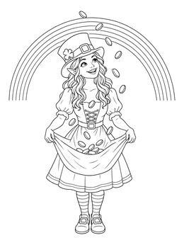 A cheerful leprechaun girl coloring page catching falling coins in her apron under a rainbow.