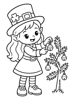 Free printable Leprechaun Girl Decorating Pine Tree coloring page
