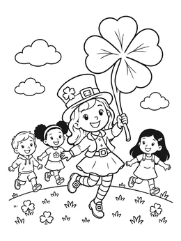 Free printable Leprechaun Girl Leading Children With Clover coloring page