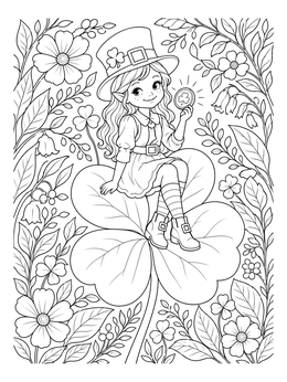 Leprechaun Girl on Giant Clover coloring page