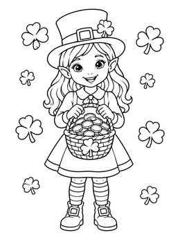 Free printable Cheerful Leprechaun Girl With Coin Basket coloring page
