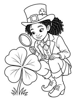 A sweet leprechaun girl coloring page featuring an explorer examining a lucky four-leaf clover.