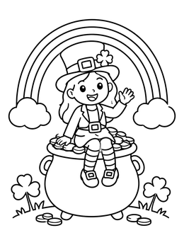Free printable Leprechaun Girl On Pot Of Gold coloring page