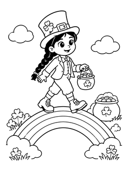 Free printable Leprechaun Girl On Rainbow Bridge coloring page