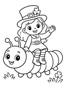 Free printable Leprechaun Girl Riding A Friendly Caterpillar coloring page