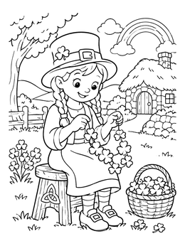 Free printable Leprechaun Girl Making Clover Garland coloring page