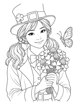 A cheerful leprechaun girl coloring page with a clover bouquet and a butterfly.