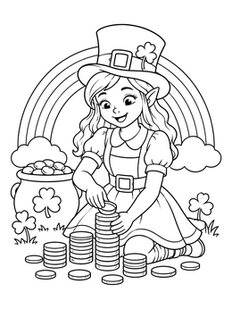 Free printable Leprechaun Girl Stacking Gold Coins coloring page