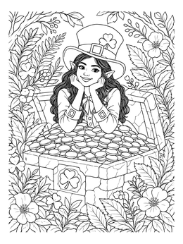A detailed leprechaun girl coloring page leaning on a chest full of gold coins surrounded by foliage.