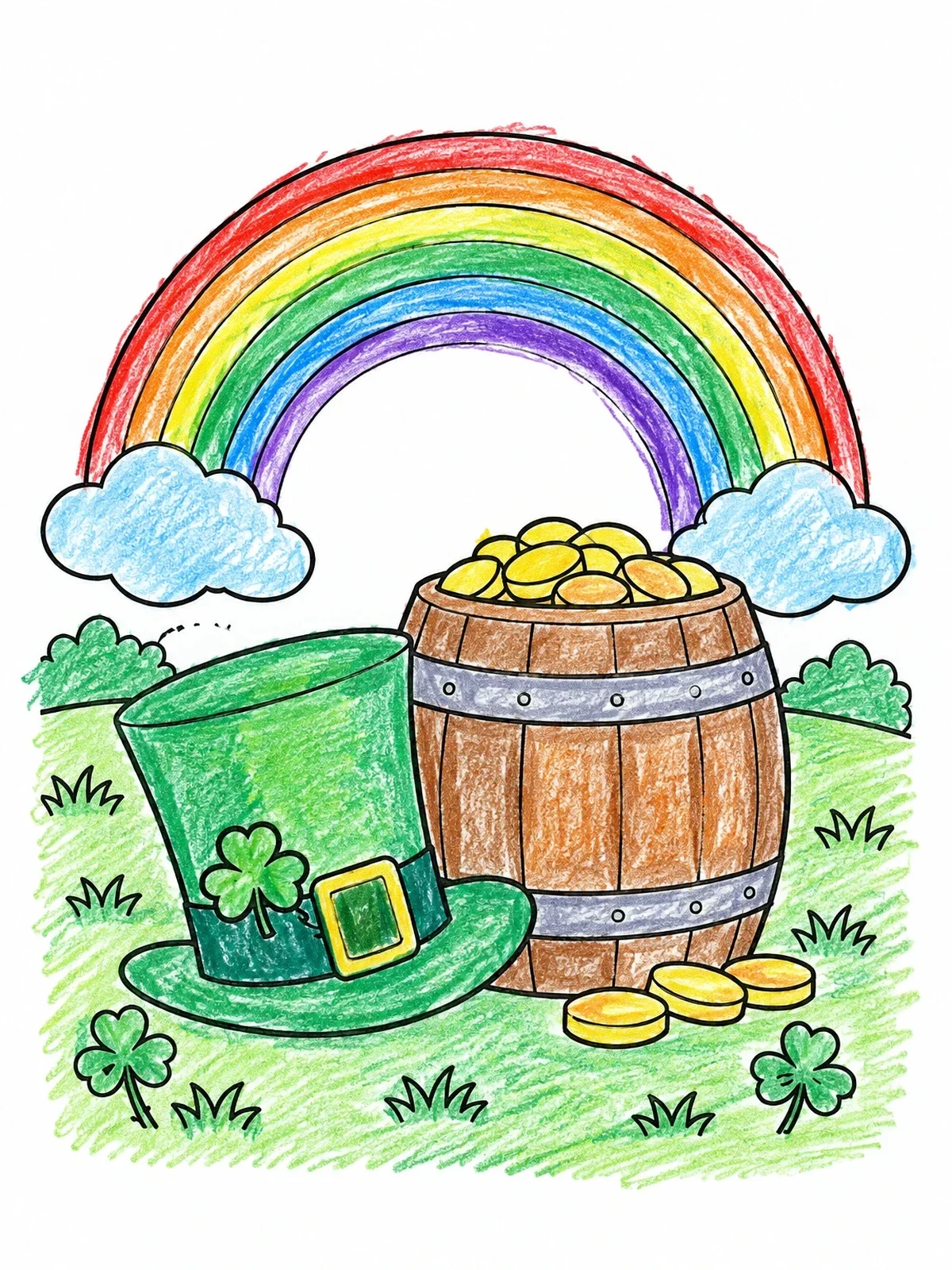 Colored example of the Leprechaun Hat Beside Coin Barrel coloring page