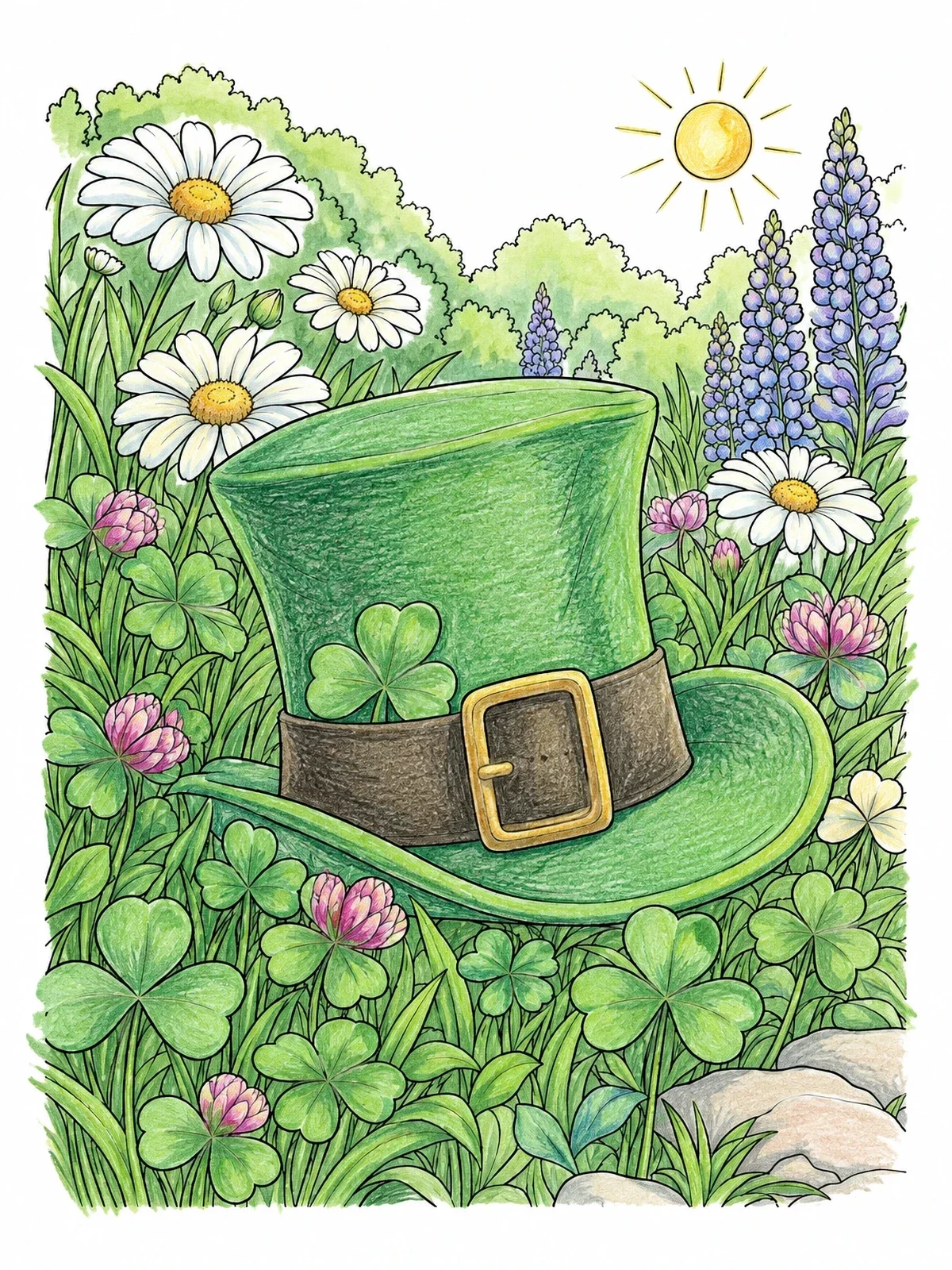 Colored example of the Leprechaun Hat In Blooming Clover Field coloring page