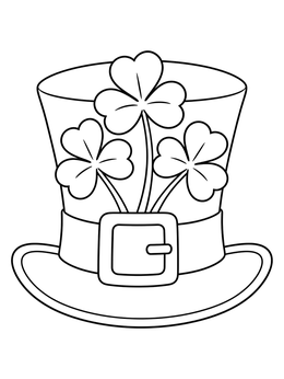 A festive shamrock coloring page featuring three clovers tucked into the band of a leprechaun top hat.
