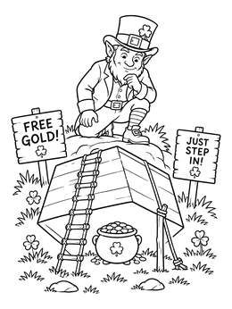 A clever leprechaun coloring page showing a leprechaun outsmarting a wooden box trap with gold.