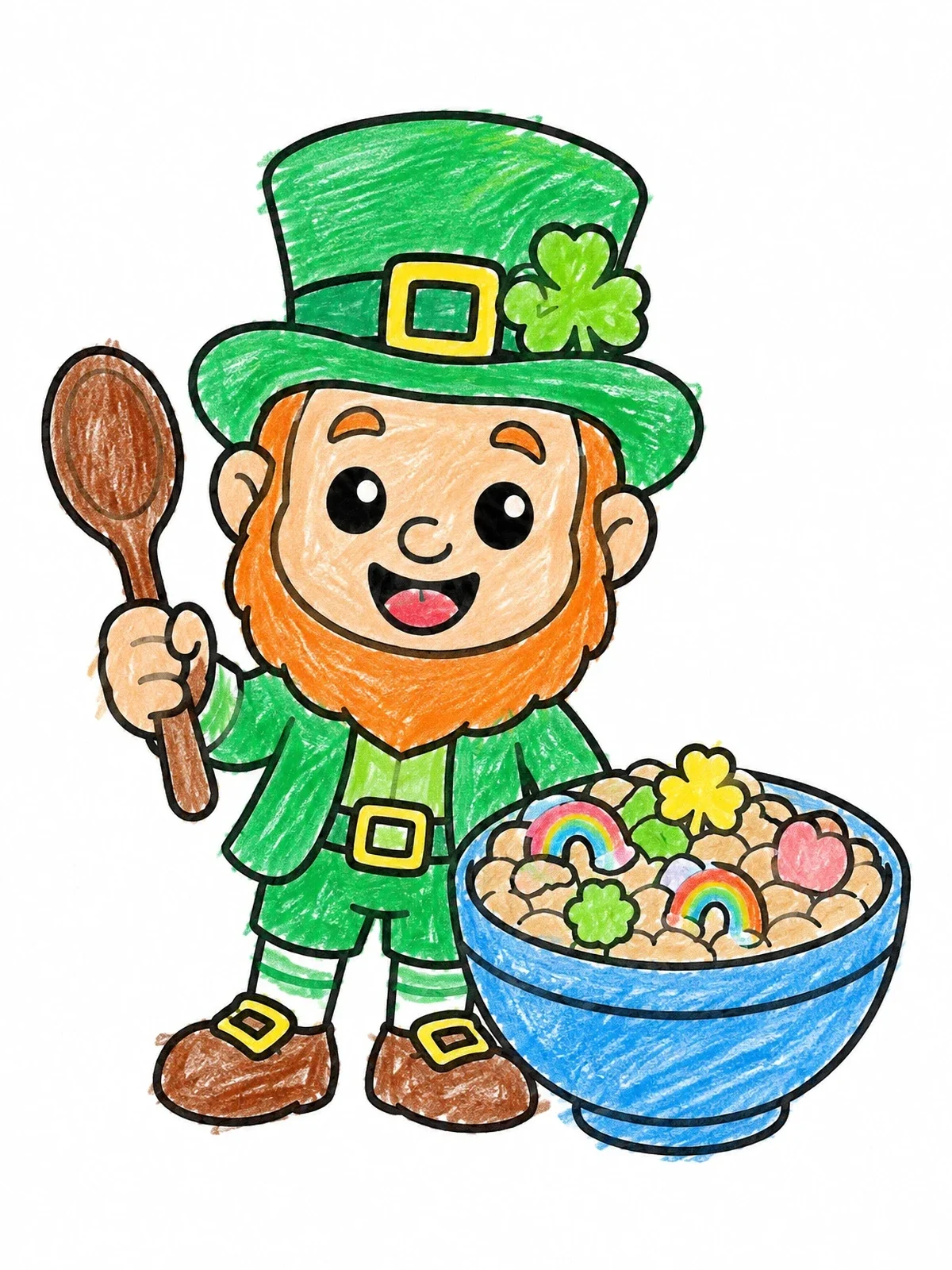 Colored example of the Leprechaun With Marshmallow Cereal Bowl coloring page
