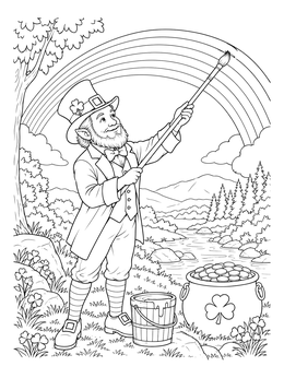 A cheerful leprechaun coloring page showing him painting an arched rainbow above a scenic river.