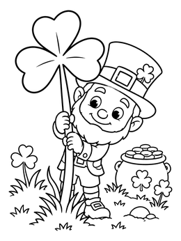 Free printable Leprechaun Peeking Behind Giant Shamrock coloring page