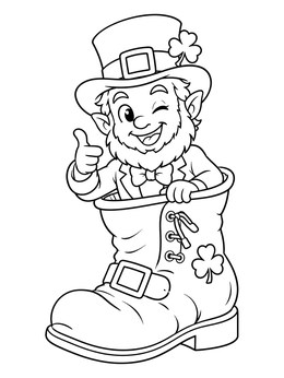 A cheerful leprechaun coloring page showing him winking inside an oversized boot.