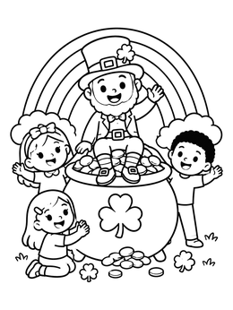 Happy children surround a pot of gold with a leprechaun coloring page.