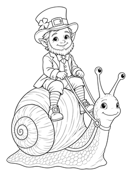 A smiling leprechaun coloring page showing him happily riding a giant friendly garden snail.