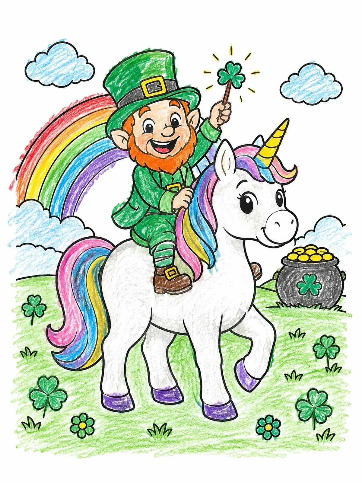 Colored example of the Leprechaun Riding A Magical Unicorn coloring page