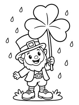 A cheerful leprechaun holding a shamrock coloring page umbrella in the rain.