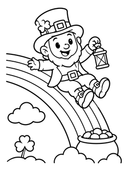 Free printable Cheerful Leprechaun Sliding Down A Rainbow coloring page