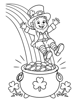 A cheerful leprechaun coloring page showing him sliding down a rainbow into a pot of gold.