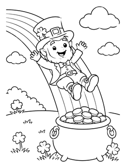 Free printable Leprechaun Sliding Down A Rainbow coloring page