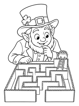 A clever leprechaun coloring page showing him peering curiously at a cardboard maze with a pot of gold.