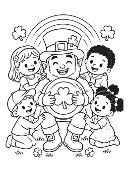 Free printable Leprechaun With Happy Children And Coin coloring page
