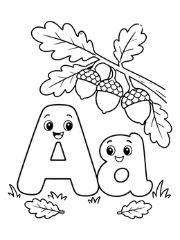 A friendly uppercase and lowercase letter A coloring page with an oak branch and acorns.