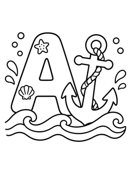 A nautical letter A coloring page featuring a large anchor, ocean waves, and seashells.
