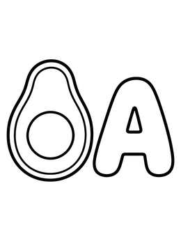 An avocado half beside a bold capital letter A coloring page.