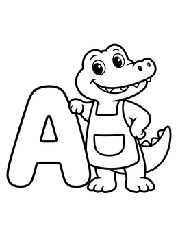 A cheerful alligator in an apron standing beside a letter a coloring page.