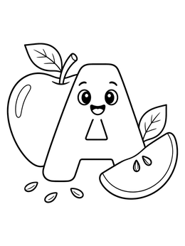 A friendly letter A coloring page featuring apples and seeds.