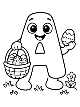 A cheerful letter a coloring page holding an Easter basket and egg outdoors.