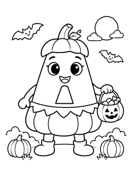 A cute letter A coloring page showing the character dressed as a pumpkin with a candy basket.