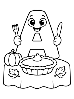 A cute cartoon letter A coloring page featuring a pumpkin pie and autumn leaves.