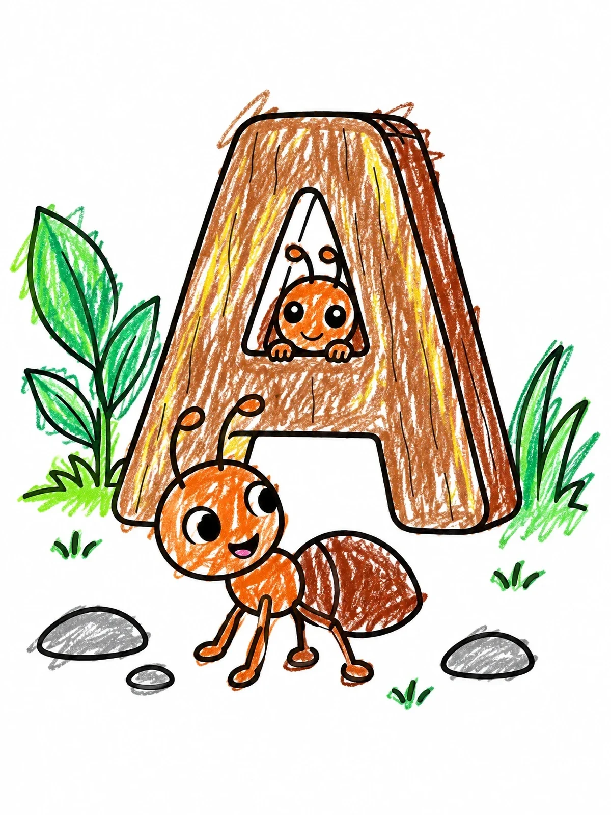 Colored example of the Letter A With Cute Ants coloring page