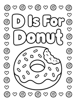 A big donut coloring page with a bite mark under text reading D Is For Donut.
