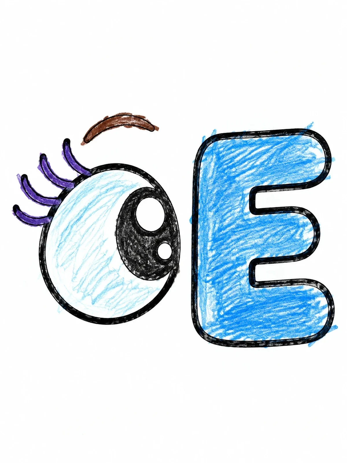 Colored example of the Letter E With Cute Cartoon Eye coloring page