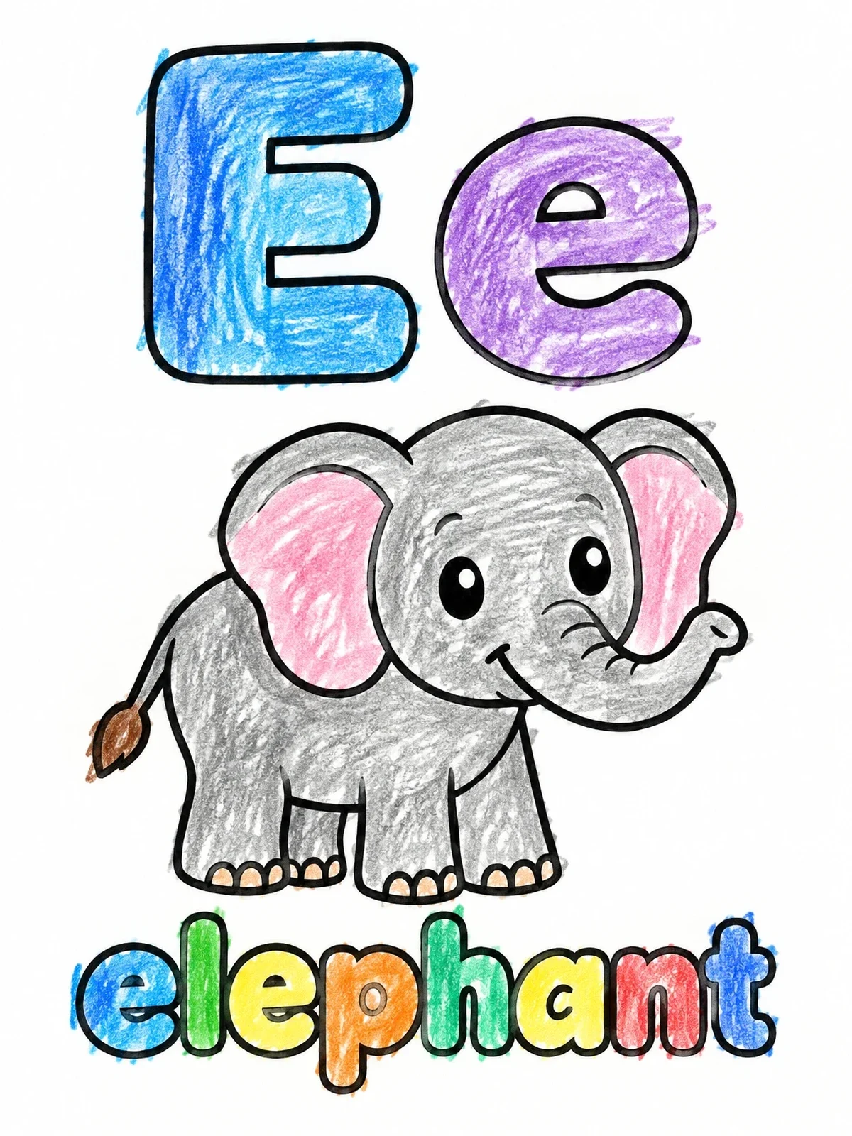 Colored example of the Letter E With Cute Elephant coloring page