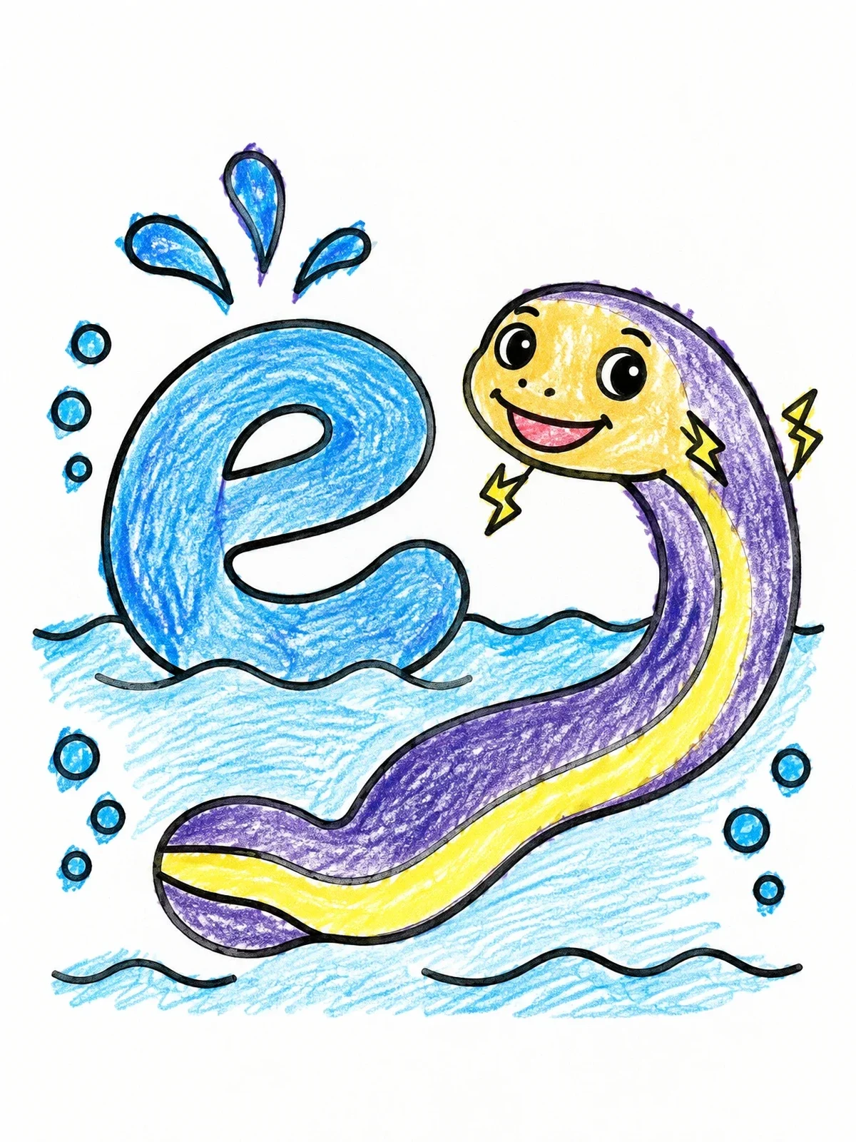 Colored example of the Lowercase Letter E With Friendly Electric Eel coloring page