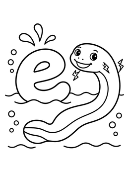 Free printable Lowercase Letter E With Friendly Electric Eel coloring page