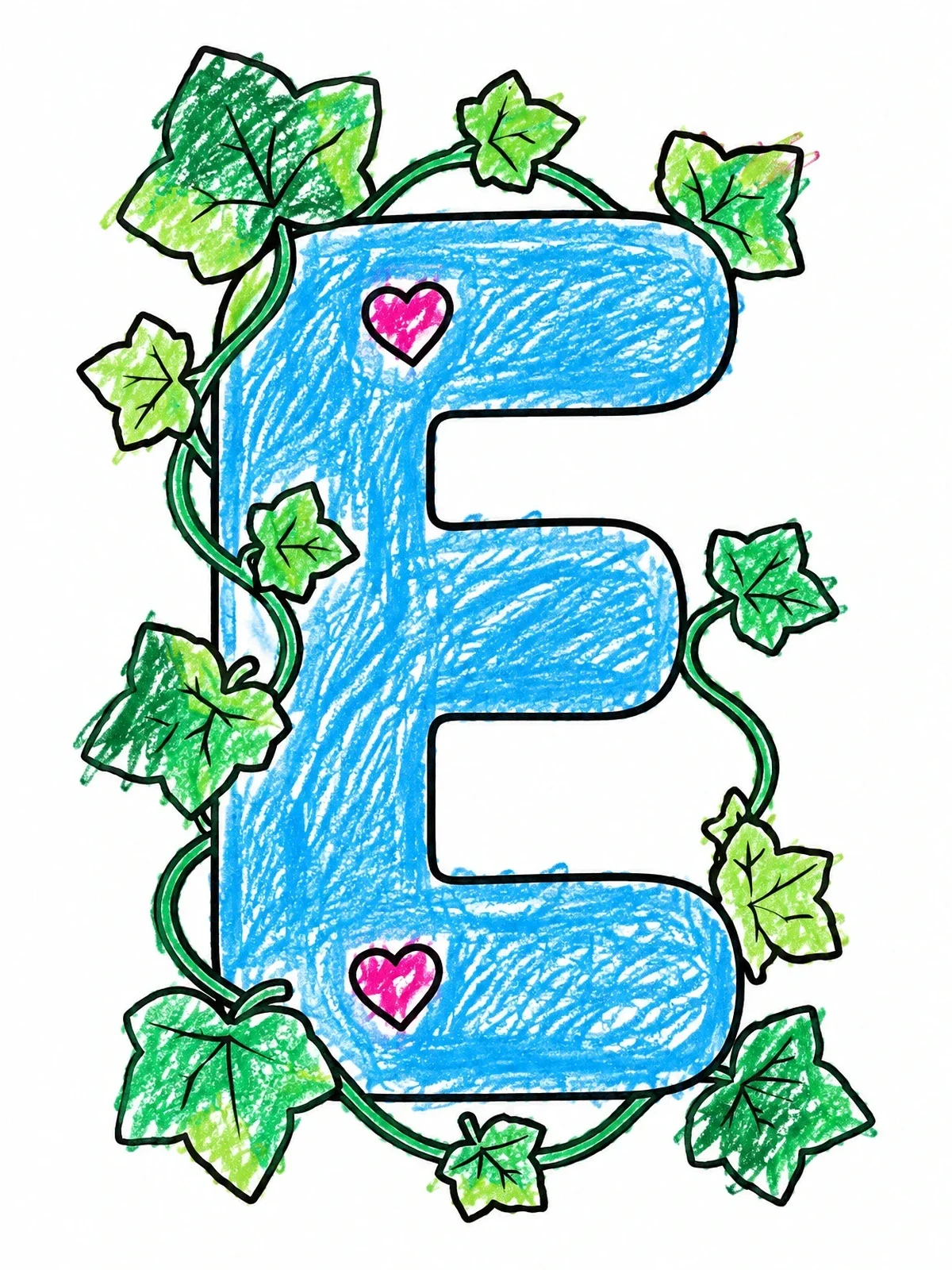 Colored example of the Letter E With Ivy Leaves coloring page