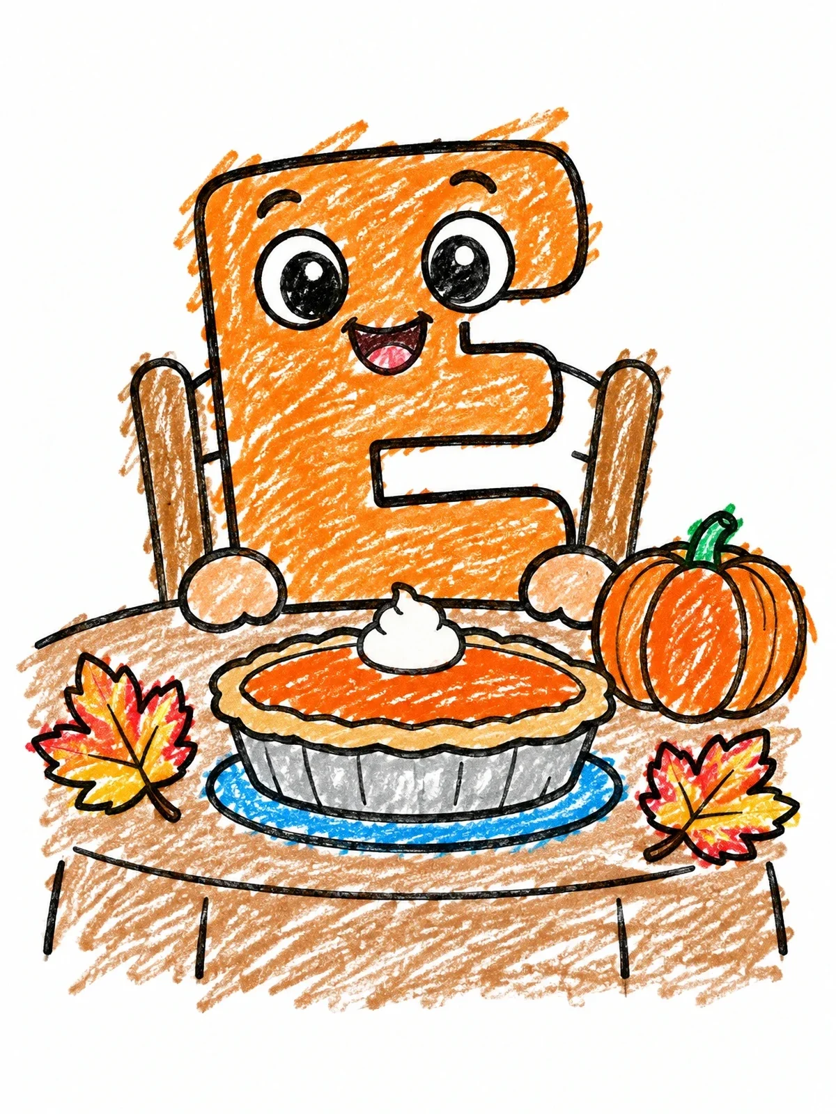 Colored example of the Letter E With Pumpkin Pie coloring page
